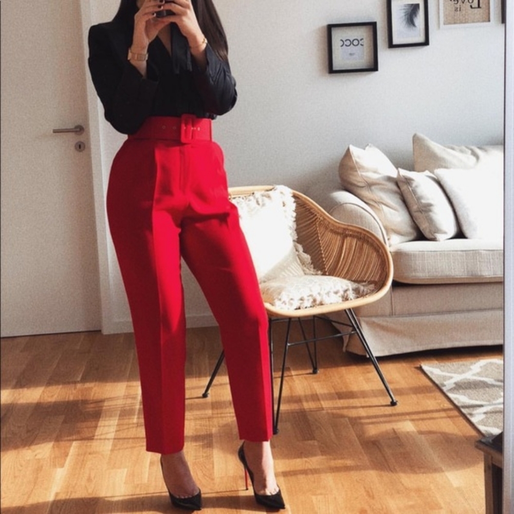 Zara High Waisted Belted Pants Red Ruby